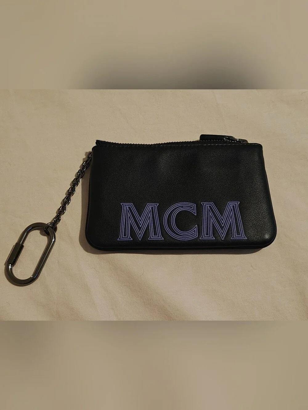 MCM Black Leather Zip Pouch with Purple Logo